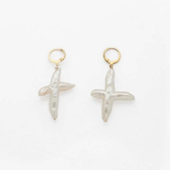 Jewelry - Natural Cross Shape Freshwater Pearl Earrings Copper Gold-Plated Design Feel